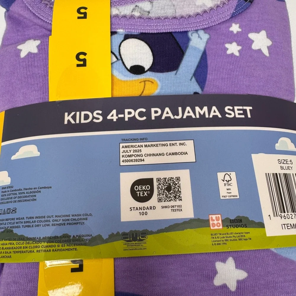 Bluey Bingo Toddler Sz 5, 4Piece Pajama Set 100% Cotton Purple Blue Glitter Gift